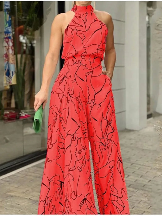 2025 Women Pants Suit Trendy O Neck-mounted Sleeveless Fashion Slim Printed Jumpsuit Wide Leg Pants Temperament Set